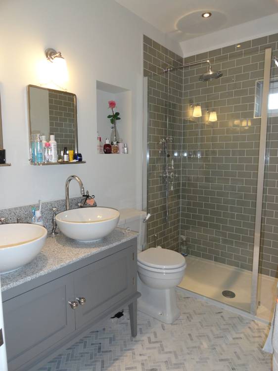 After — bathroom with shower and double vanity