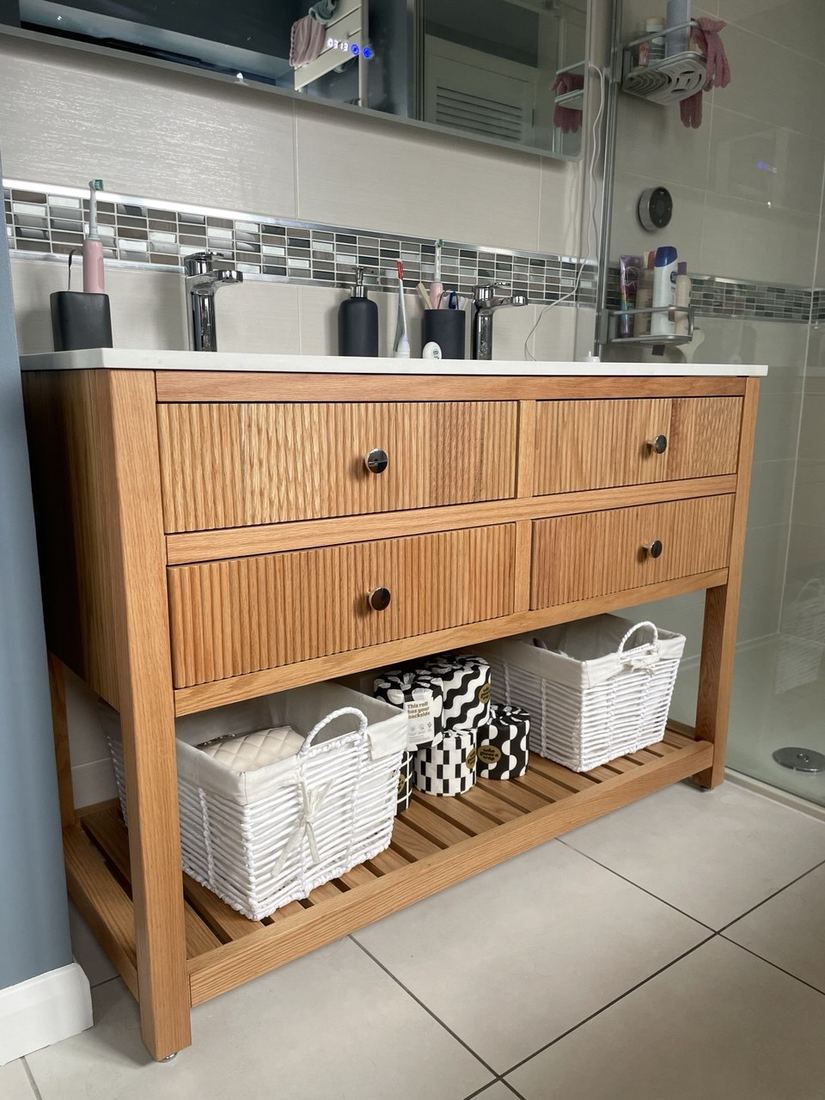 After — bathroom with oak vanity unit
